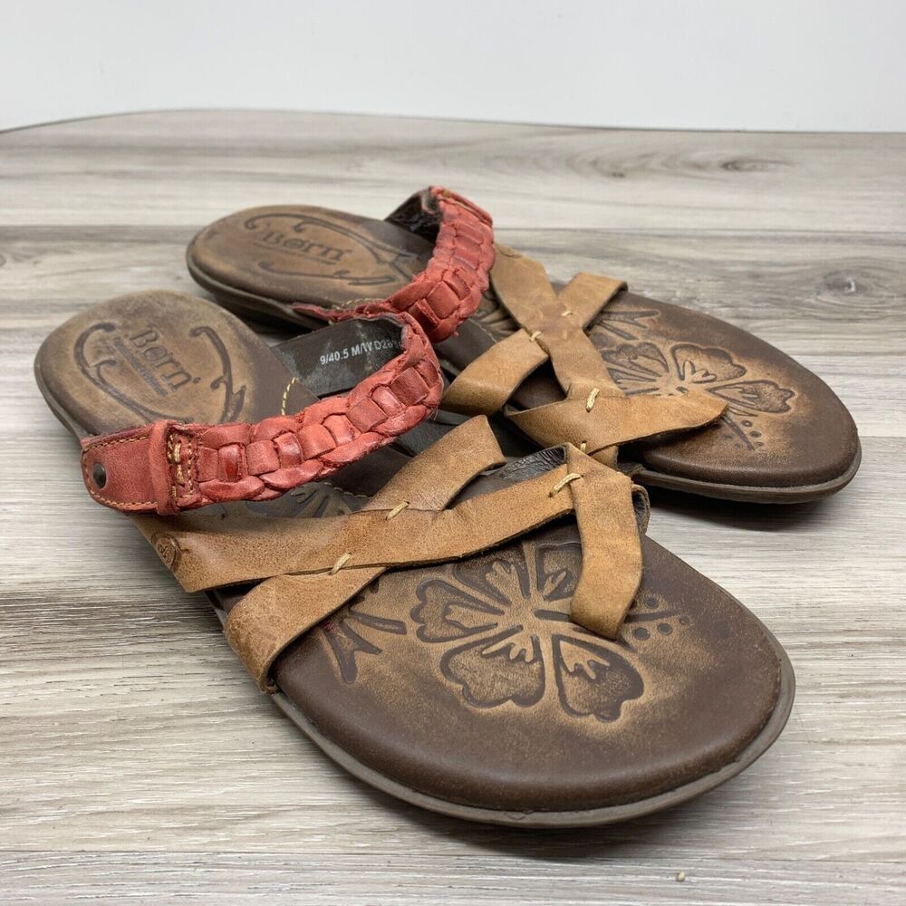 Born Makai Women's Slides Sandals US Size 9 Camel/Brick Leather Red Woven D28116